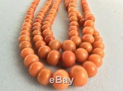 100% AUTH Antique Victorian Salmon Coral Beads 3 strands granduate carved beads