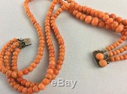 100% AUTH Antique Victorian Salmon Coral Beads 3 strands granduate carved beads