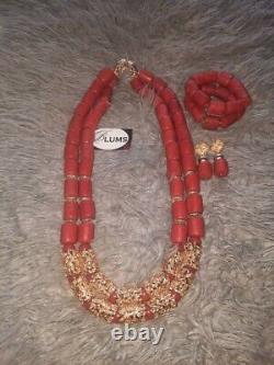100% Genuine Chunky Cylinder Mediterranean Brazilian Gold Balls Red Coral Beads