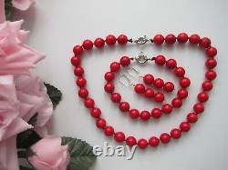 10 mm Red Coral Gem Bead Necklace Bracelet & Earrings Set