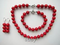 10 mm Red Coral Gem Bead Necklace Bracelet & Earrings Set