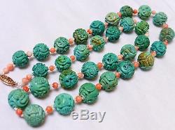 10k VINTAGE CHINESE NATURAL CARVED TURQUOISE, CORAL BEADED NECKLACE, 61 grams