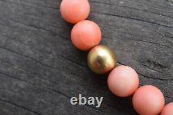 10mm Genuine Natural Round Pink Coral Bead Solid 18k Yellow Gold Necklace 65g