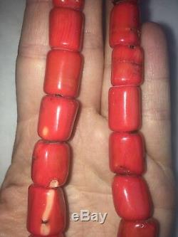 110.7g Untreated Natural Oxblood Red Coral Barrel Bead Necklace 925 Silver Vtg