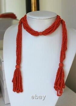 110gr Antique Victorian Carved Coral Necklace Lariat Natural Undyed Beads
