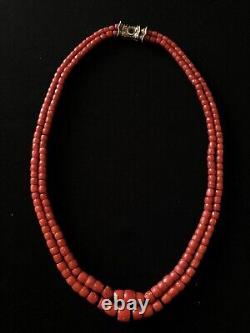 120 g. Vintage Faceted Red Coral Necklace Natural Undyed Beads Clasp Silver