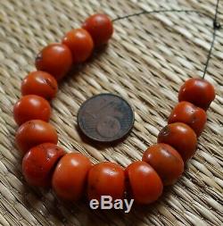 12mm Perles Corail Rouge Ancien Collier Antique Moroccan Red Coral Bead Necklace