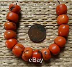 12mm Perles Corail Rouge Ancien Collier Antique Moroccan Red Coral Bead Necklace