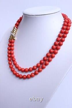 132gr Vintage Red Undyed Coral Collier Necklace Yellow Gold Clasp 750 Diamonds