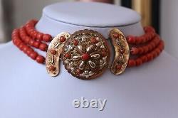 135gr Vintage Red Coral Choker Necklace Natural Undyed Dutch Clasp Gold 14k