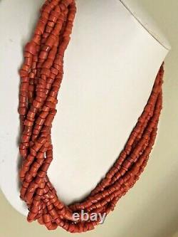 135gr Vtg Mediterranean Carved Salmon Coral Barrel Beads Multi Strand Necklace