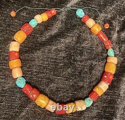 141 Grams Vintage Coral Turquoise Bead Necklace 9mmx12mm 16mmx17mm
