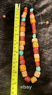 141 Grams Vintage Coral Turquoise Bead Necklace 9mmx12mm 16mmx17mm