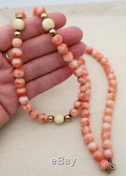 14K Gold ANGEL SKIN & WHITE BEAD CORAL NECKLACE 30 Long & 72 Grams