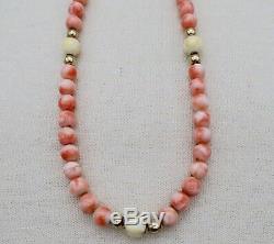 14K Gold ANGEL SKIN & WHITE BEAD CORAL NECKLACE 30 Long & 72 Grams