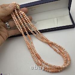 14K Gold & Angel Skin Coral Triple 3 Strand Beaded 17 1/2 Necklace 44.2g