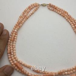 14K Gold & Angel Skin Coral Triple 3 Strand Beaded 17 1/2 Necklace 44.2g
