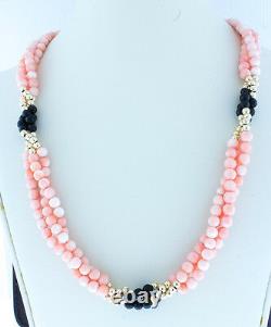 14K Gold Bead Necklace-Round Natural Coral Strand Necklace Wt Coral and Onyx 15