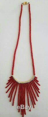 14K Gold Beads and Clasp Italian Natural Coral Tube Necklace