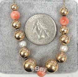 14K Gold Pearl & Coral Bead Necklace, Estate Jewelry, 24 Chain, 14K Yellow Gold YG