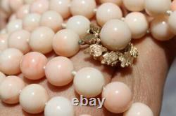 14K SOLID GOLD 10mm Angel Skin CORAL BEADS DOUBLE STRAND 25 NECKLACE