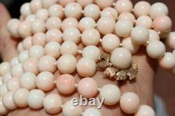 14K SOLID GOLD 10mm Angel Skin CORAL BEADS DOUBLE STRAND 25 NECKLACE