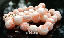 14K Vintage 17 Hand Knotted Chinese Angel Skin Coral Shou Bead Necklace 38g