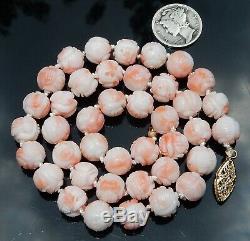 14K Vintage 17 Hand Knotted Chinese Angel Skin Coral Shou Bead Necklace 38g