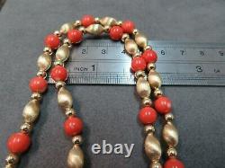 14K Y. Gold Spring Clasp & Beads Coral Beads Necklace on 16 14K Chain 5 grams
