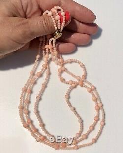 14K Yellow Gold Carved Pink Angel Skin Coral Vintage Three Strand Bead Necklace