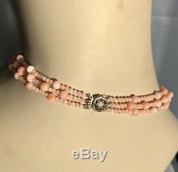 14K Yellow Gold Carved Pink Angel Skin Coral Vintage Three Strand Bead Necklace
