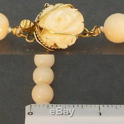 14K Yellow Gold & Coral Bead Necklace, with Carved Rose & Etruscan Rope Work Clasp