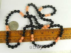 14k Angelskin CORAL BLACK ONYX Bead NECKLACE 30 Strand GOLD Spacer Bead Vintage