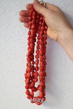 14k Coral Bead Necklace. Multi-Strand Raw Coral beads. High Quality Coral