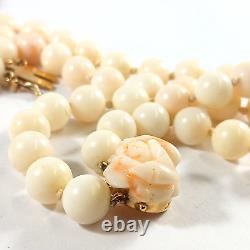 14k Gold Carved Rose Clasp Angel Skin Coral Beads Double Strand Necklace 26