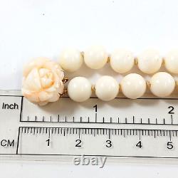 14k Gold Carved Rose Clasp Angel Skin Coral Beads Double Strand Necklace 26