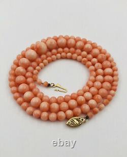 14k Gold Natural Pink Angel Skin Coral 3-9mm Ball Bead Graduated Necklace 24