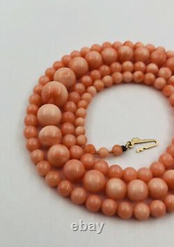14k Gold Natural Pink Angel Skin Coral 3-9mm Ball Bead Graduated Necklace 24