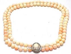 14k YELLOW GOLD ANGEL SKIN CORAL10MM BEADS Seed Pearl DOUBLE STRAND NECKLACE