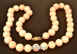 14k Yellow Gold Genuine Angel Skin Coral 12 MM Beads Necklace 23 Long Restrung