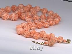 14k Yellow Gold Pink Angel Skin Carved Coral Bead Necklace 30 87.3g