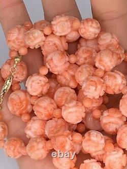 14k Yellow Gold Pink Angel Skin Carved Coral Bead Necklace 30 87.3g