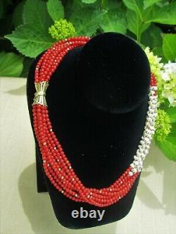 14kt Gold Clasp 8 Strand Red Coral Freshwater Pearls Beaded Necklace
