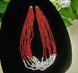 14kt Gold Clasp 8 Strand Red Coral Freshwater Pearls Beaded Necklace