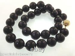 14mm One-strand Genuine Black Coral Round Bead 14k Yellow Gold Necklace 20 #2