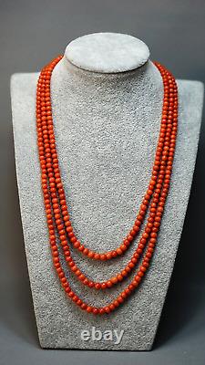 1890' Natural Mediterranean Undyed Red Coral Bead 3 Strand Necklace Silver Clasp