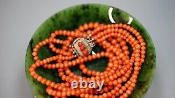 1890' Natural Mediterranean Undyed Red Coral Bead 3 Strand Necklace Silver Clasp