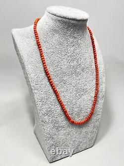 1890's Victorian Undyed Red Salmon Coral Beads Necklace 14K Gold Clasp 13gr 19'