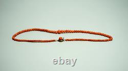 1890's Victorian Undyed Red Salmon Coral Beads Necklace Rolled Gold Clasp 15gr