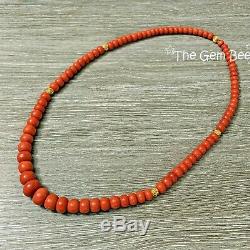 18K Gold Heavy Undyed Mediterranean Sardinia Red Coral Bead 25.5 Necklace